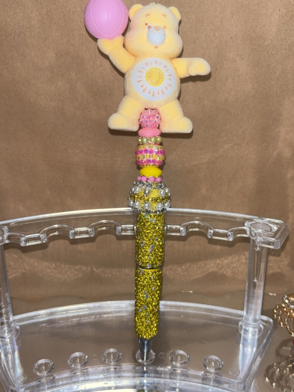 Cute Yellow CareBear Glitter Kids Pen with Pink Accents